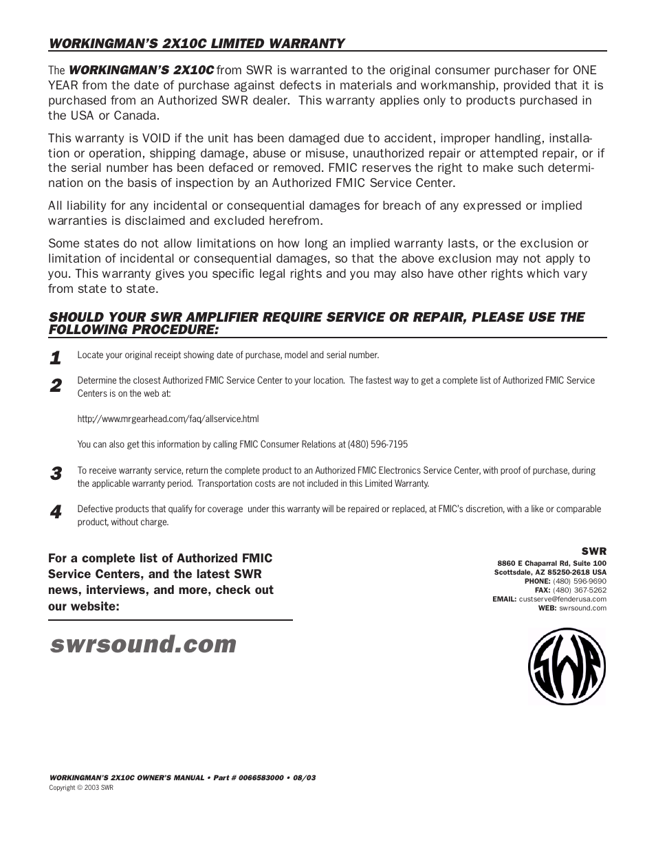SWR Sound 2X10C User Manual | Page 16 / 16