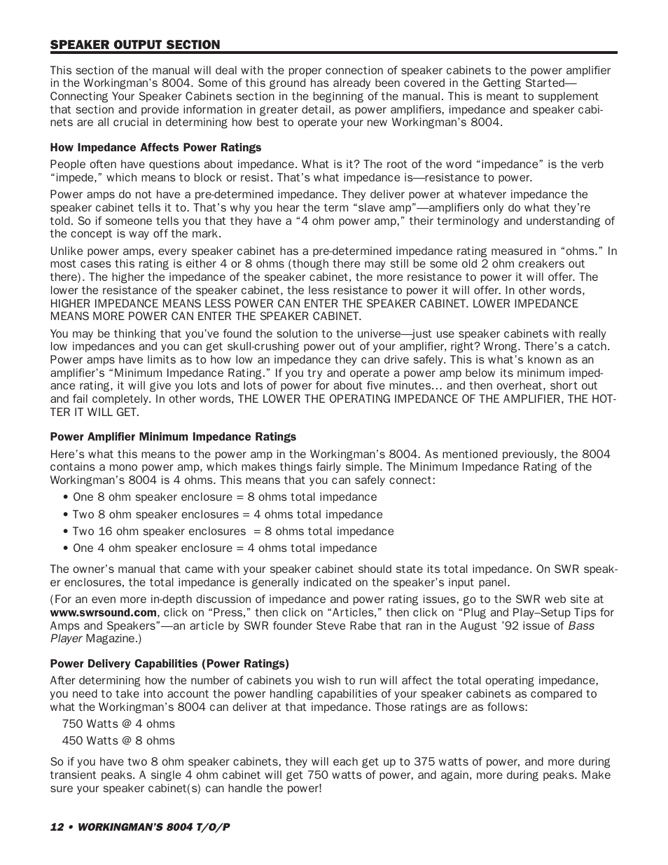 SWR Sound SWR WORKINGMANS 8004 User Manual | Page 12 / 15