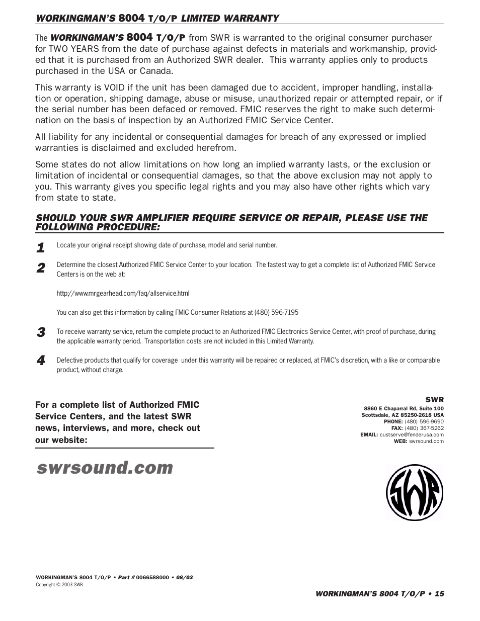 SWR Sound SWR WORKINGMANS 8004 User Manual | Page 15 / 15