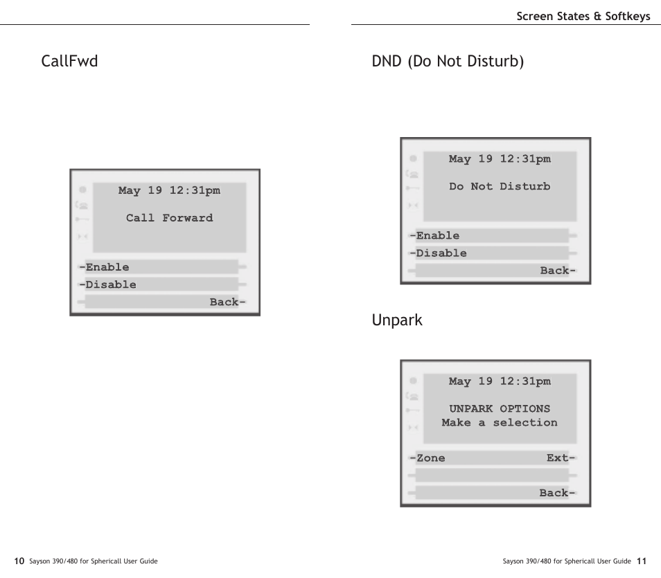 Dnd (do not disturb), Unpark, Callfwd | Sayson Technologies Sayson AltiTouch 390 User Manual | Page 10 / 31