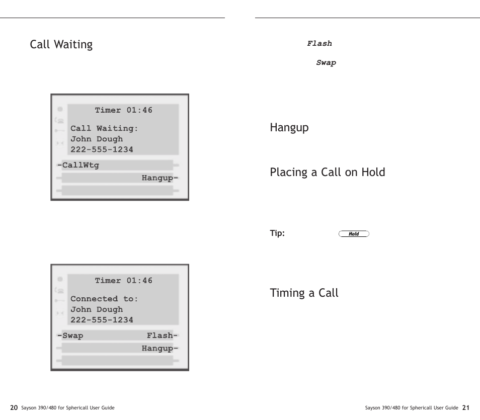 Call waiting, Hangup, Placing a call on hold | Timing a call | Sayson Technologies Sayson AltiTouch 390 User Manual | Page 15 / 31