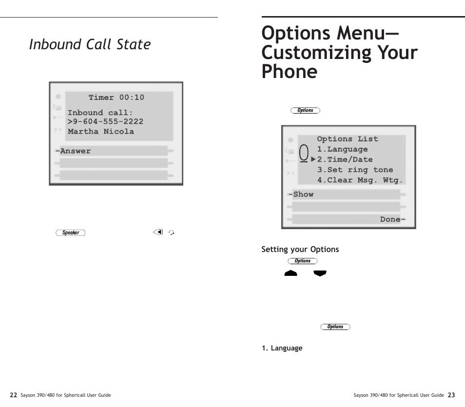 Options menu— customizing your phone, Inbound call state | Sayson Technologies Sayson AltiTouch 390 User Manual | Page 16 / 31
