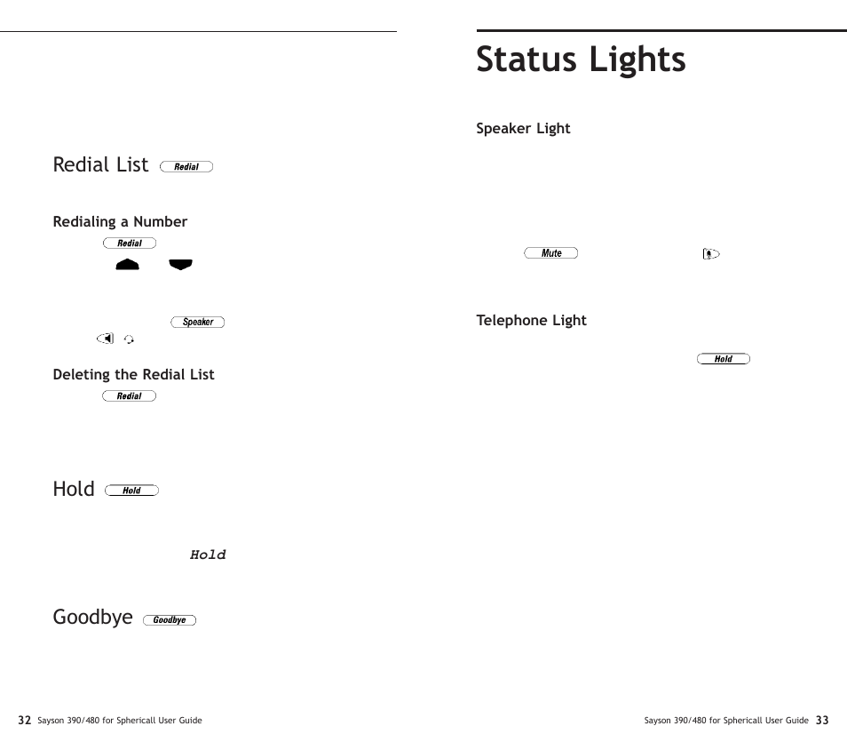 Status lights, Redial list, Hold | Goodbye | Sayson Technologies Sayson AltiTouch 390 User Manual | Page 21 / 31