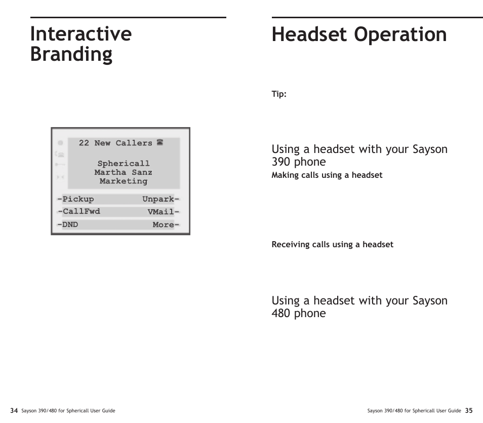 Headset operation, Interactive branding, Using a headset with your sayson 390 phone | Using a headset with your sayson 480 phone | Sayson Technologies Sayson AltiTouch 390 User Manual | Page 22 / 31