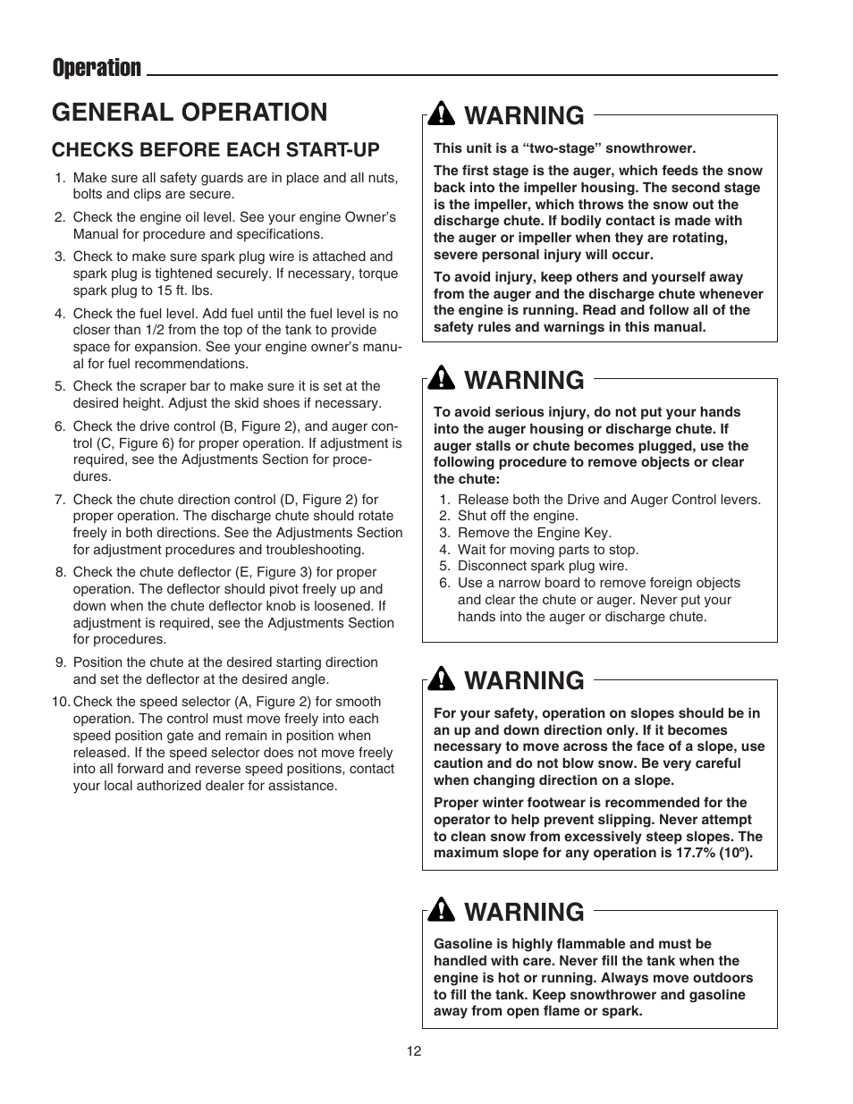 Operation general operation, Warning, Checks before each start-up | Simplicity 1694435 User Manual | Page 16 / 32