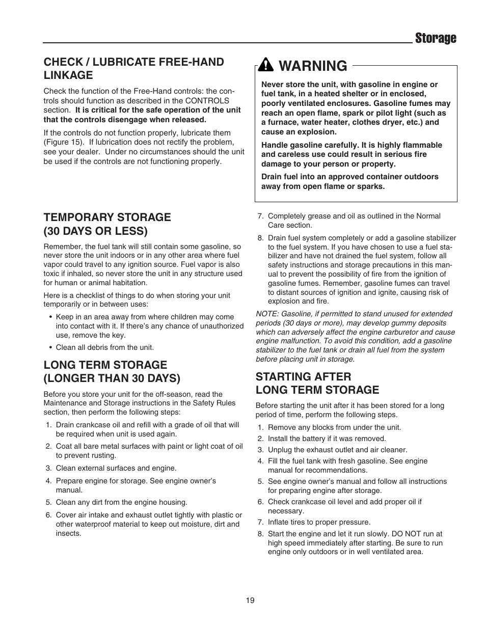 Storage, Warning, Temporary storage (30 days or less) | Long term storage (longer than 30 days), Starting after long term storage, Check / lubricate free-hand linkage | Simplicity 1694435 User Manual | Page 23 / 32