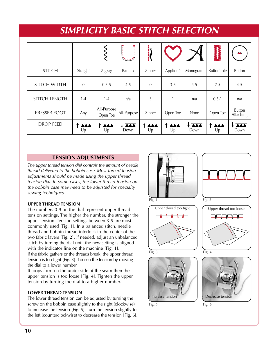 Simplicity basic stitch selection | Simplicity SA200 User Manual | Page 11 / 27