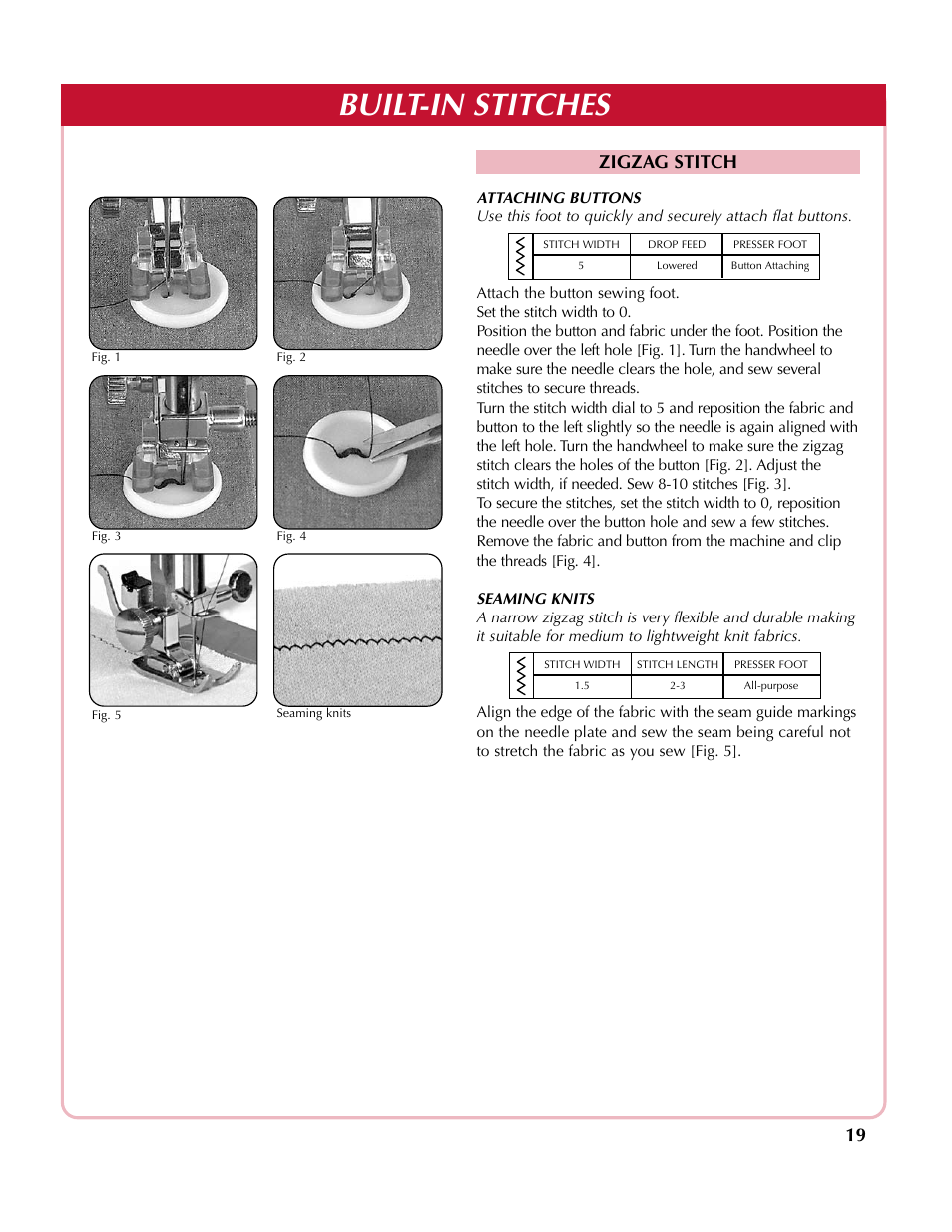 Built-in stitches, Zigzag stitch | Simplicity SA200 User Manual | Page 20 / 27