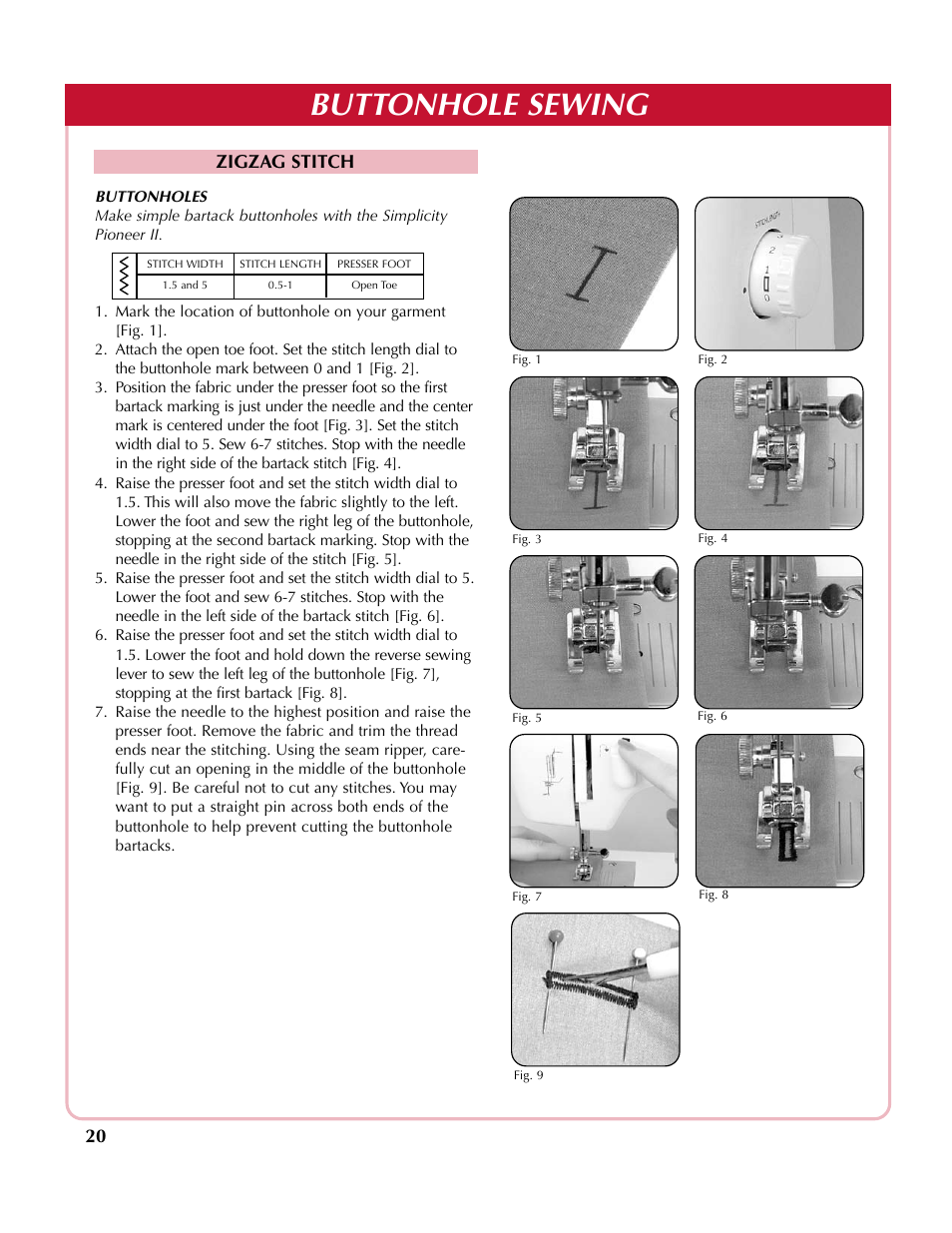 Buttonhole sewing, Zigzag stitch | Simplicity SA200 User Manual | Page 21 / 27