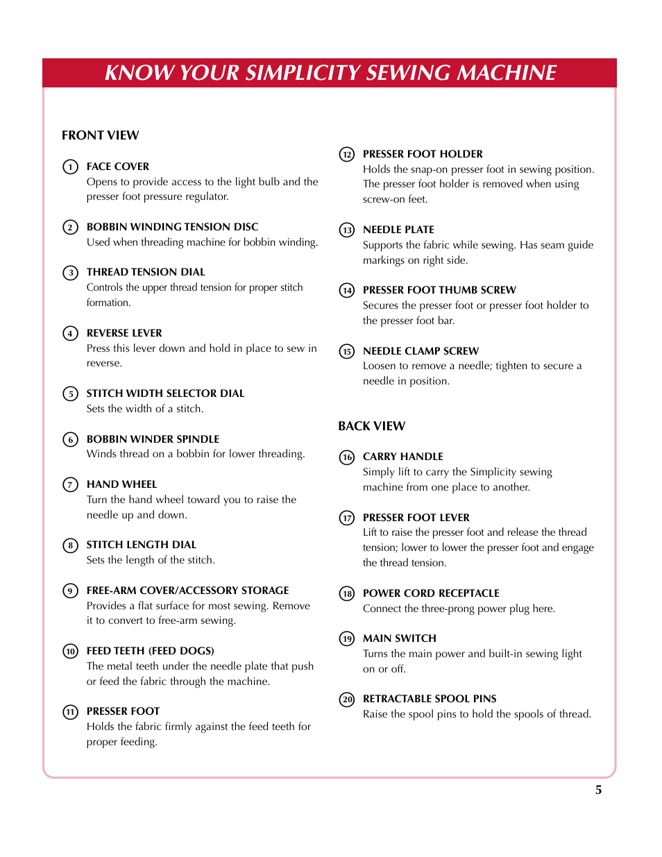 Know your simplicity sewing machine | Simplicity SA200 User Manual | Page 6 / 27