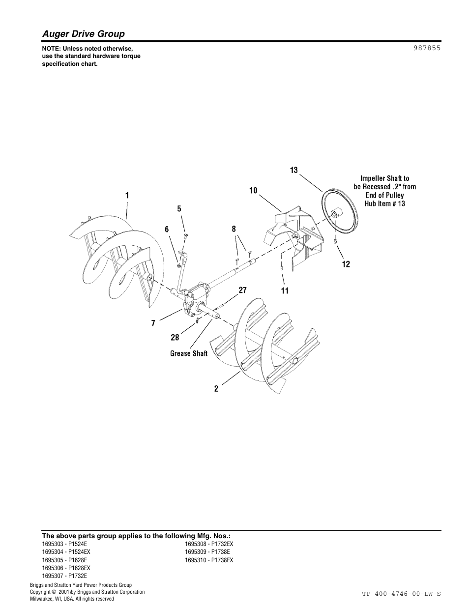 Auger drive group | Simplicity 1695309 User Manual | Page 12 / 28
