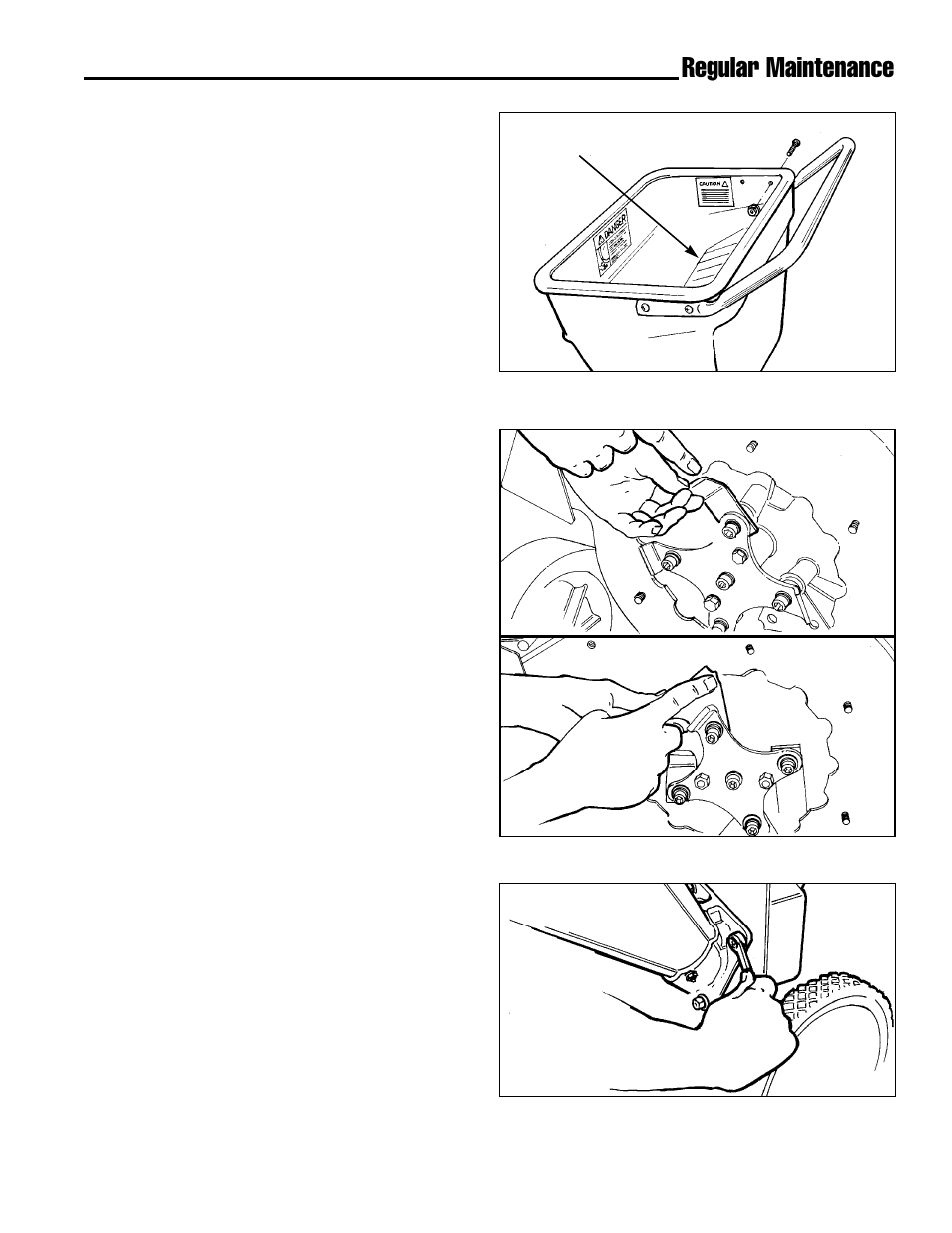 Regular maintenance, Inspect hopper guards, Inspect/sharpen chipping knives | Inspect/rotate shredding hammers | Simplicity 14E User Manual | Page 27 / 36