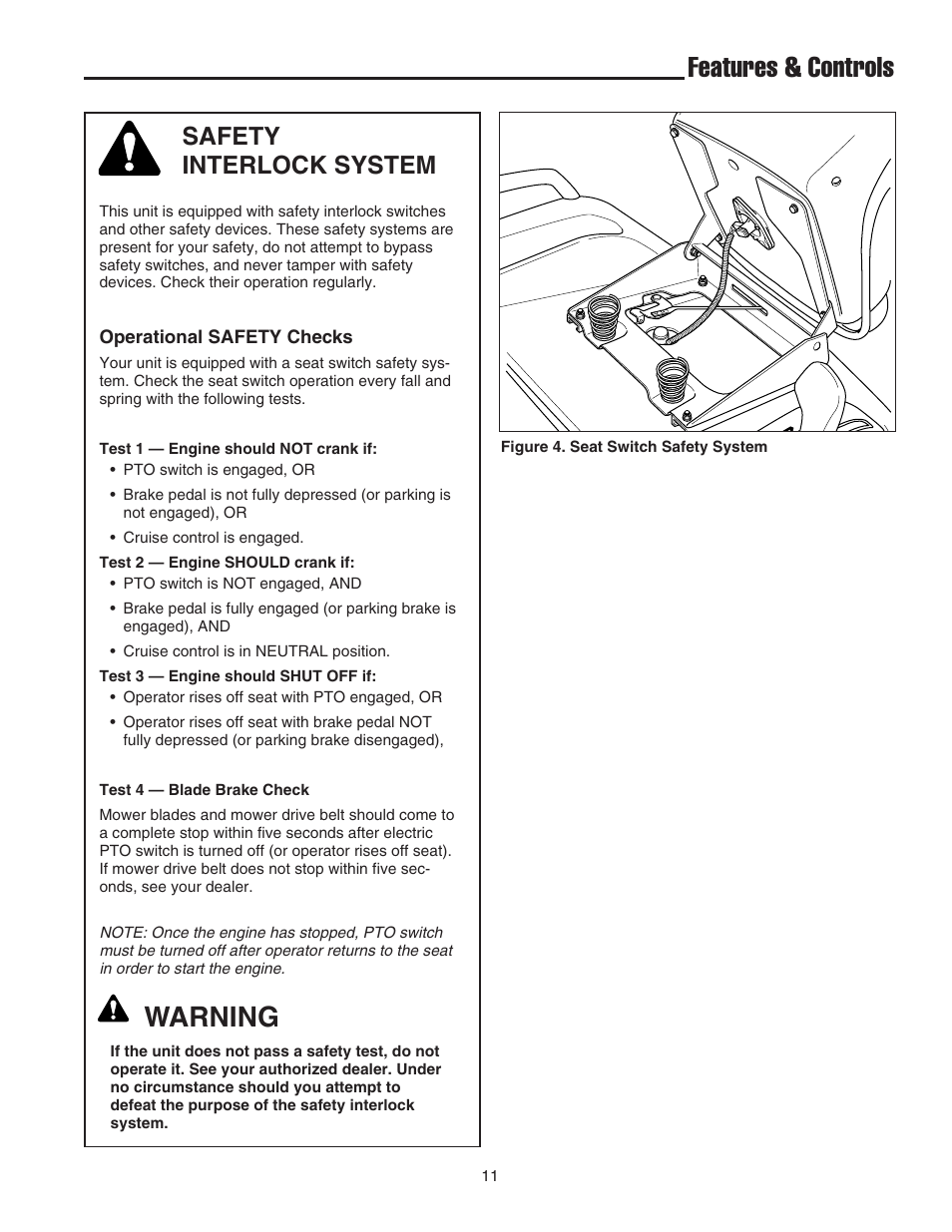 Features & controls, Warning, Safety interlock system | Simplicity 1693130 User Manual | Page 15 / 42