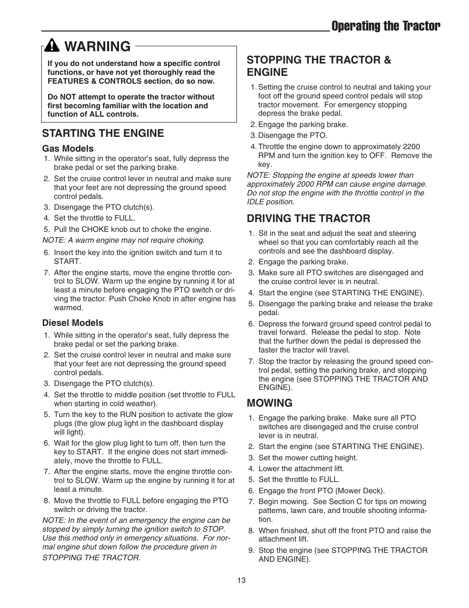 Operating the tractor warning, Starting the engine, Stopping the tractor & engine | Driving the tractor, Mowing | Simplicity 1693130 User Manual | Page 17 / 42