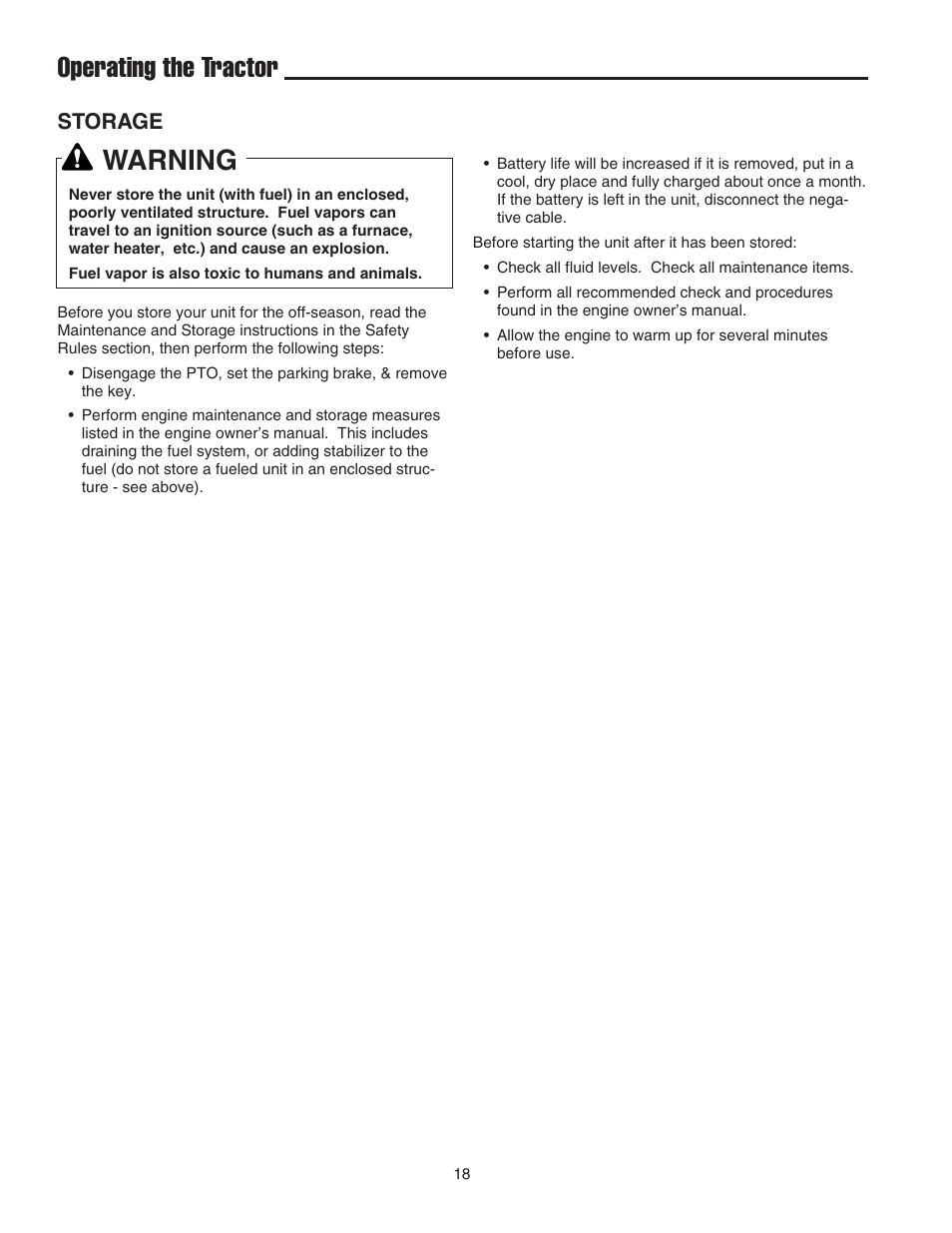 Operating the tractor, Warning, Storage | Simplicity 1693130 User Manual | Page 22 / 42