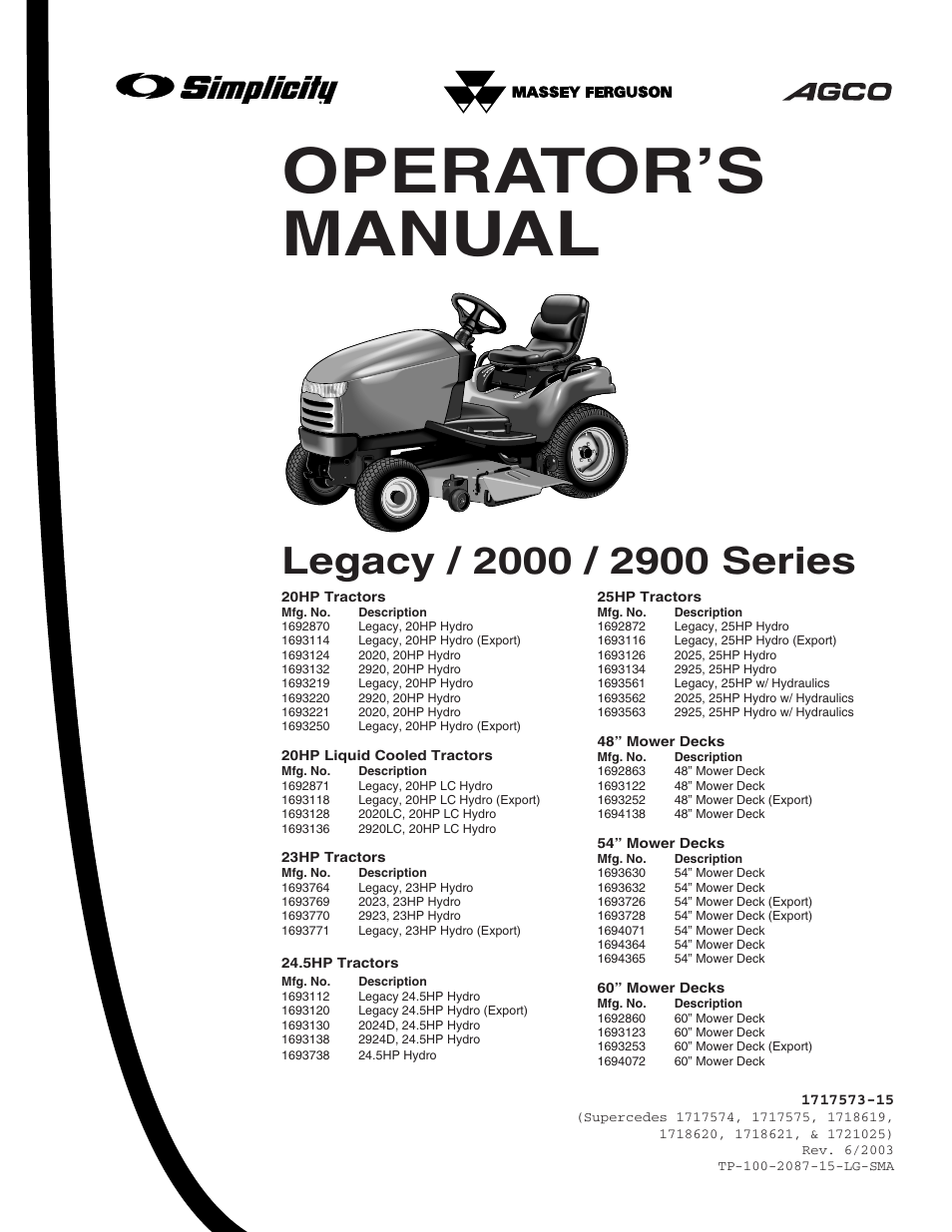 Operator’s manual | Simplicity 1693130 User Manual | Page 3 / 42