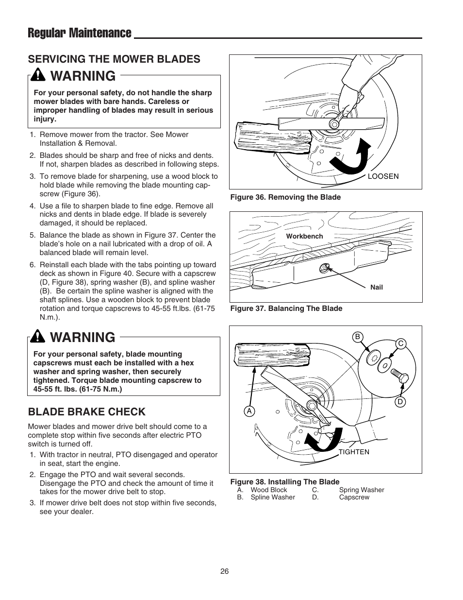 Regular maintenance, Warning, Servicing the mower blades | Blade brake check | Simplicity 1693130 User Manual | Page 30 / 42