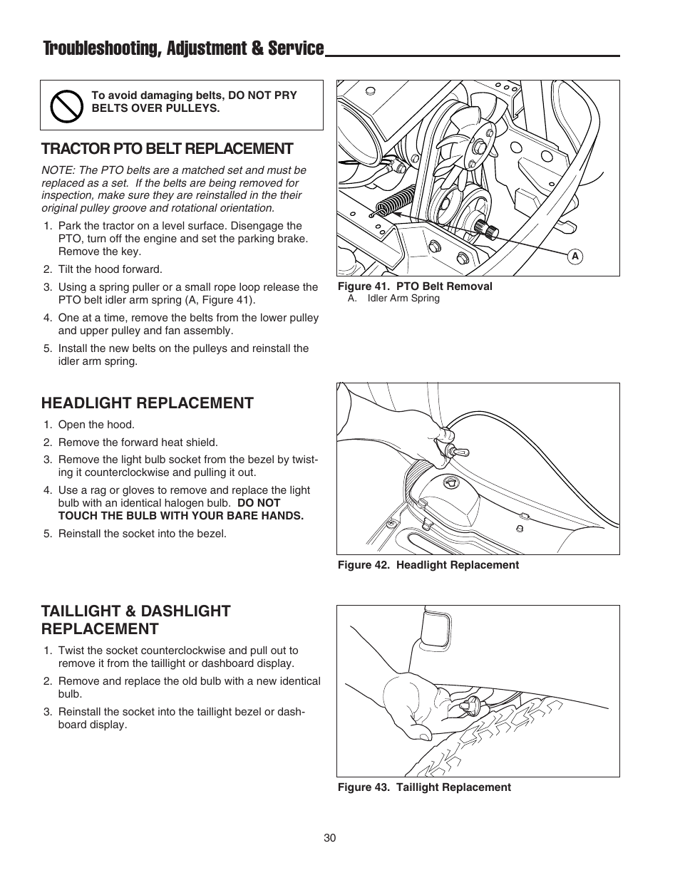 Troubleshooting, adjustment & service, Tractor pto belt replacement, Headlight replacement | Taillight & dashlight replacement | Simplicity 1693130 User Manual | Page 34 / 42