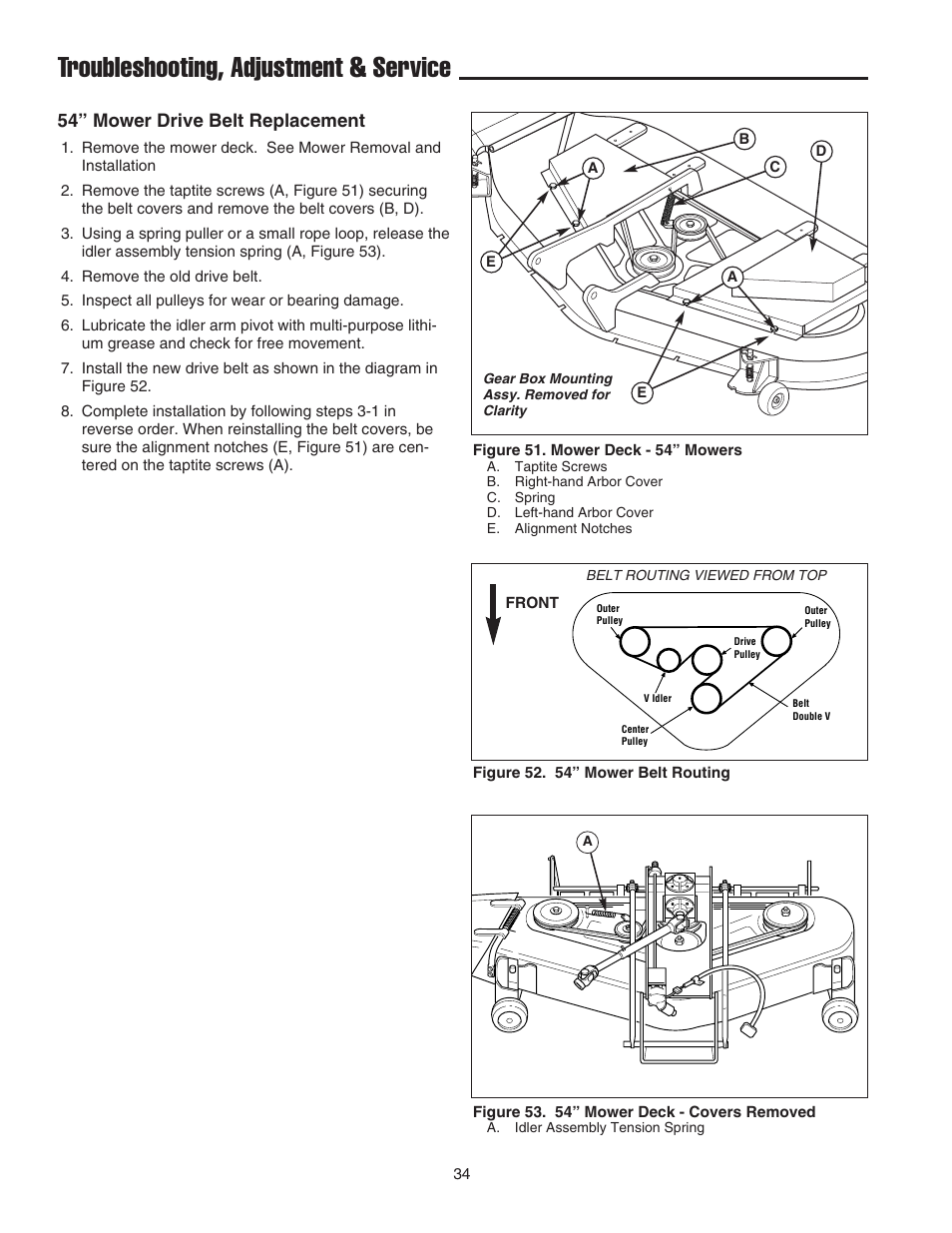 Troubleshooting, adjustment & service, 54” mower drive belt replacement | Simplicity 1693130 User Manual | Page 38 / 42