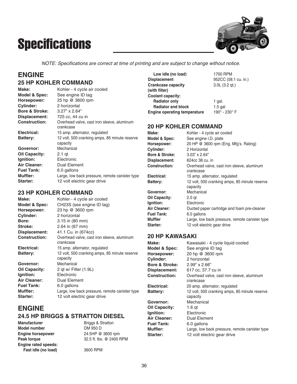 Specifications, Engine, 25 hp kohler command | 23 hp kohler command, 5 hp briggs & stratton diesel, 20 hp kohler command, 20 hp kawasaki | Simplicity 1693130 User Manual | Page 40 / 42