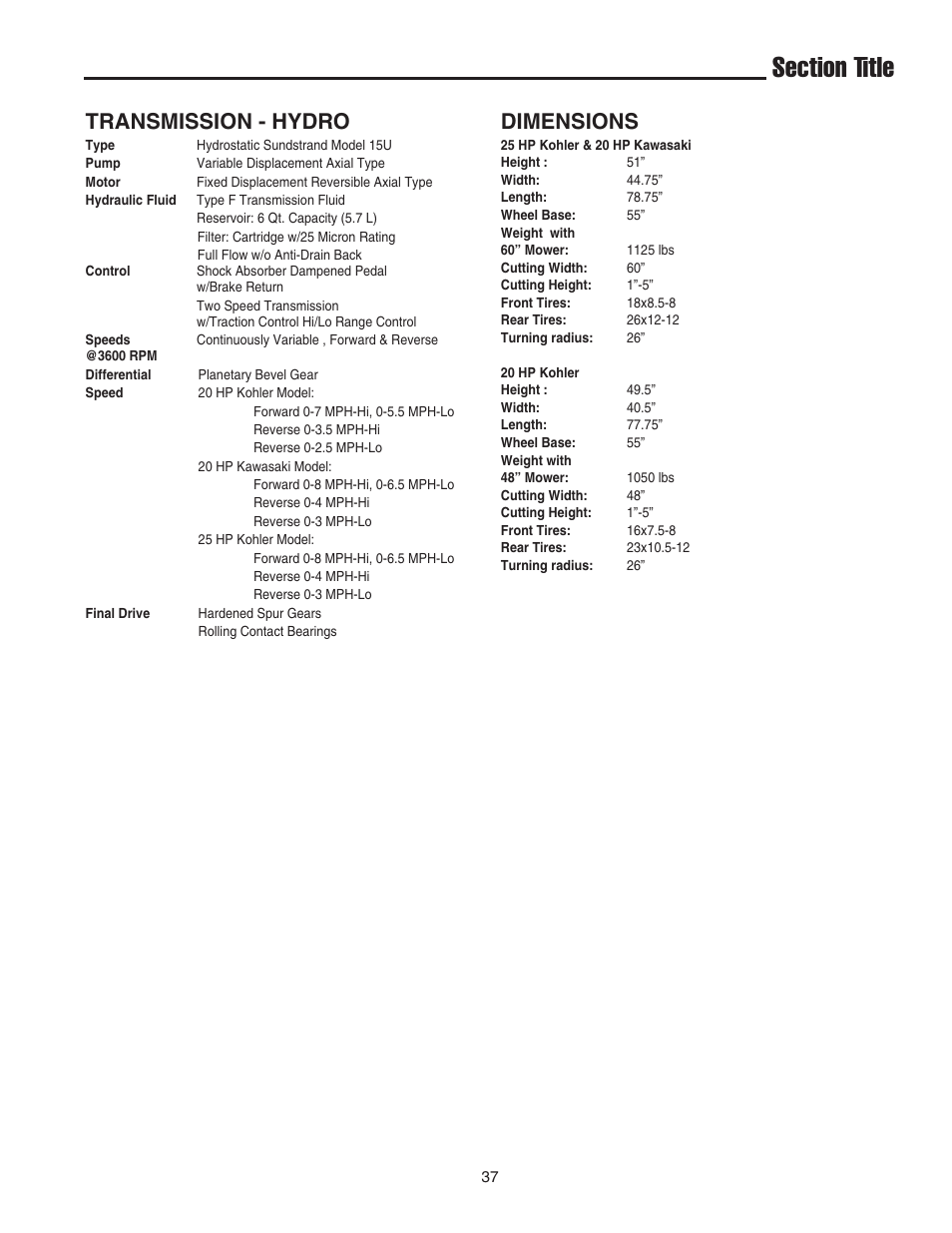 Transmission - hydro, Dimensions | Simplicity 1693130 User Manual | Page 41 / 42