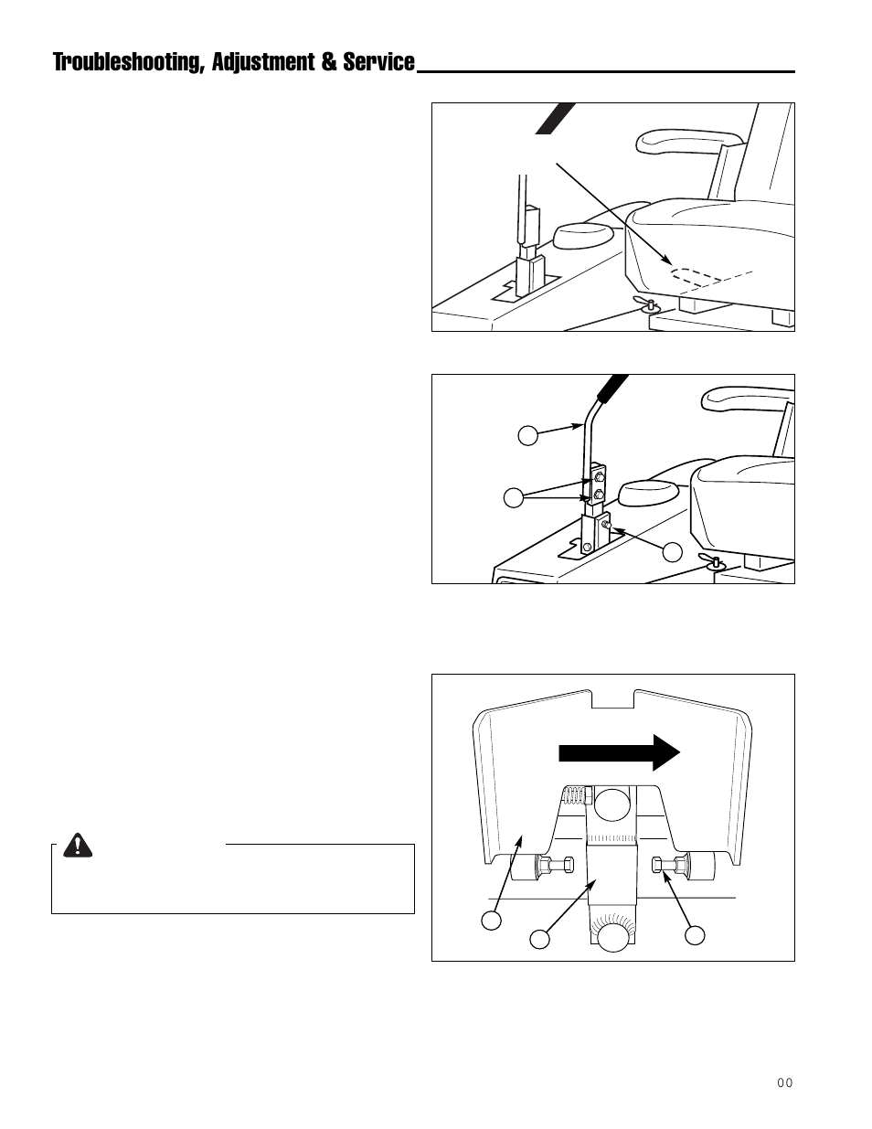 Warning, Troubleshooting, adjustment & service, Seat adjustment | Ground speed control lever adjustment, Speed balancing adjustment | Simplicity ZT2561F User Manual | Page 26 / 44