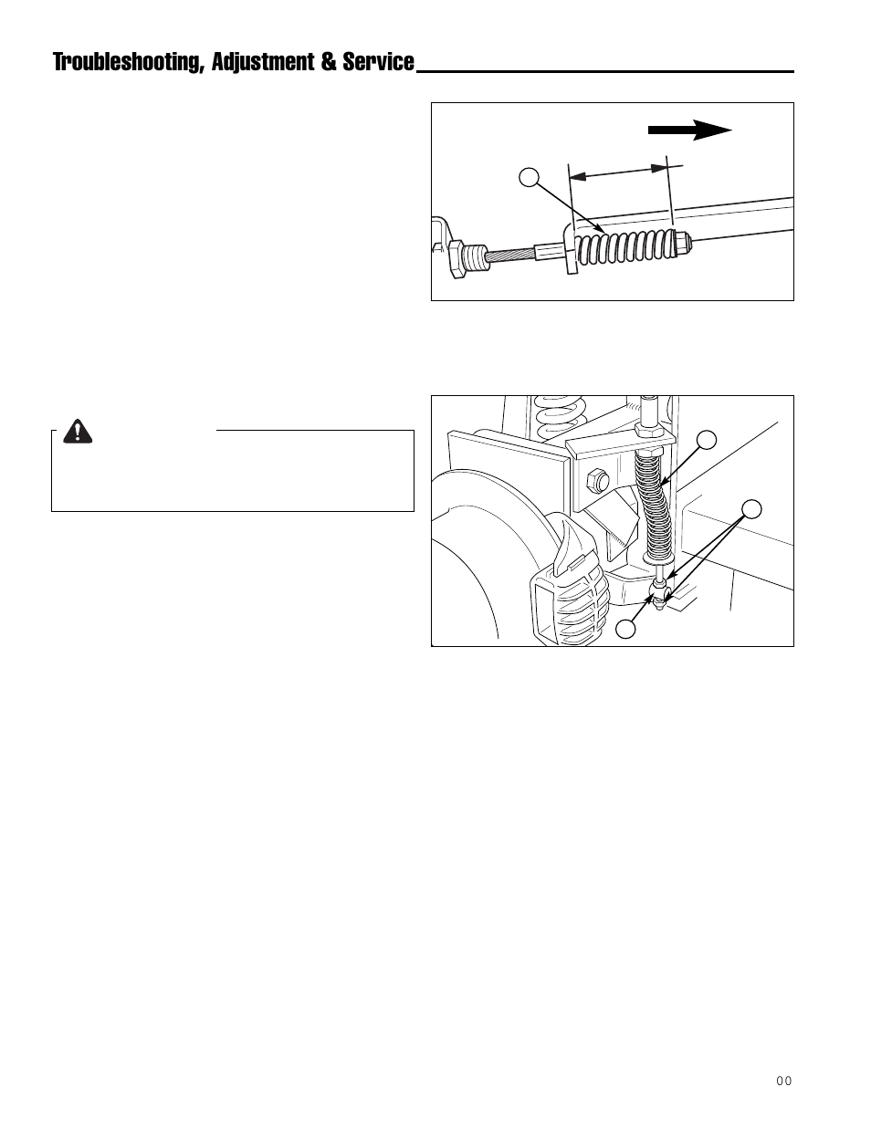 Troubleshooting, adjustment & service, Caution, Parking brake adjustment | Front | Simplicity ZT2561F User Manual | Page 28 / 44