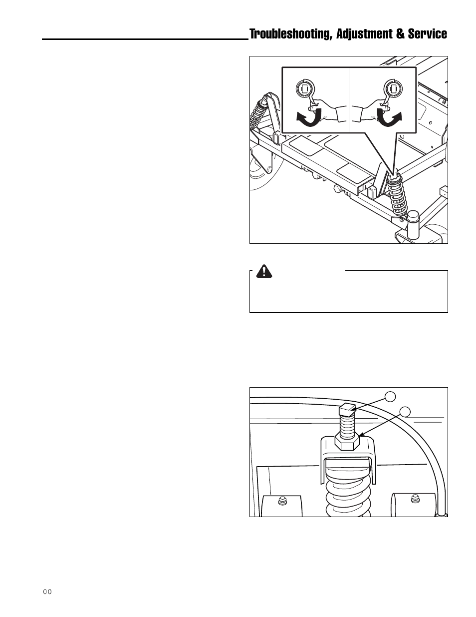 Troubleshooting, adjustment & service, Warning, Front suspension adjustment | Rear suspension adjustment | Simplicity ZT2561F User Manual | Page 29 / 44