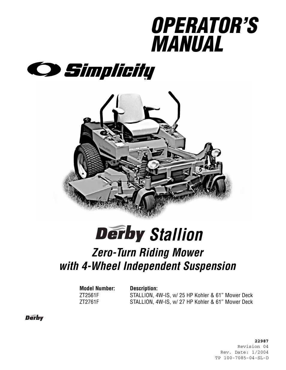 Operator’s manual, Stallion | Simplicity ZT2561F User Manual | Page 3 / 44