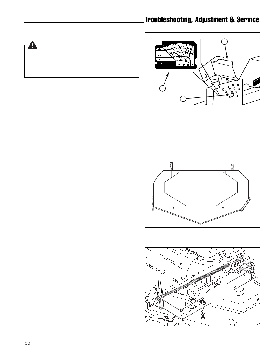 Troubleshooting, adjustment & service, Warning, Cutting height adjustment | Deck leveling adjustment | Simplicity ZT2561F User Manual | Page 31 / 44