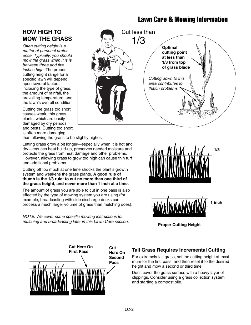 Lawn care & mowing information, How high to mow the grass, Cut less than | Simplicity ZT2561F User Manual | Page 37 / 44