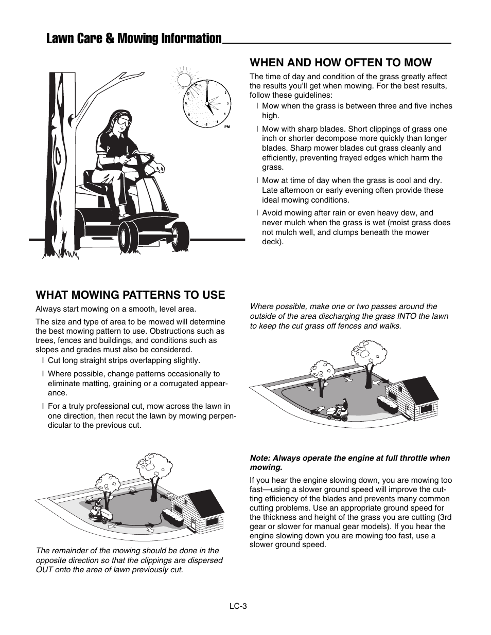 Lawn care & mowing information, When and how often to mow, What mowing patterns to use | Simplicity ZT2561F User Manual | Page 38 / 44