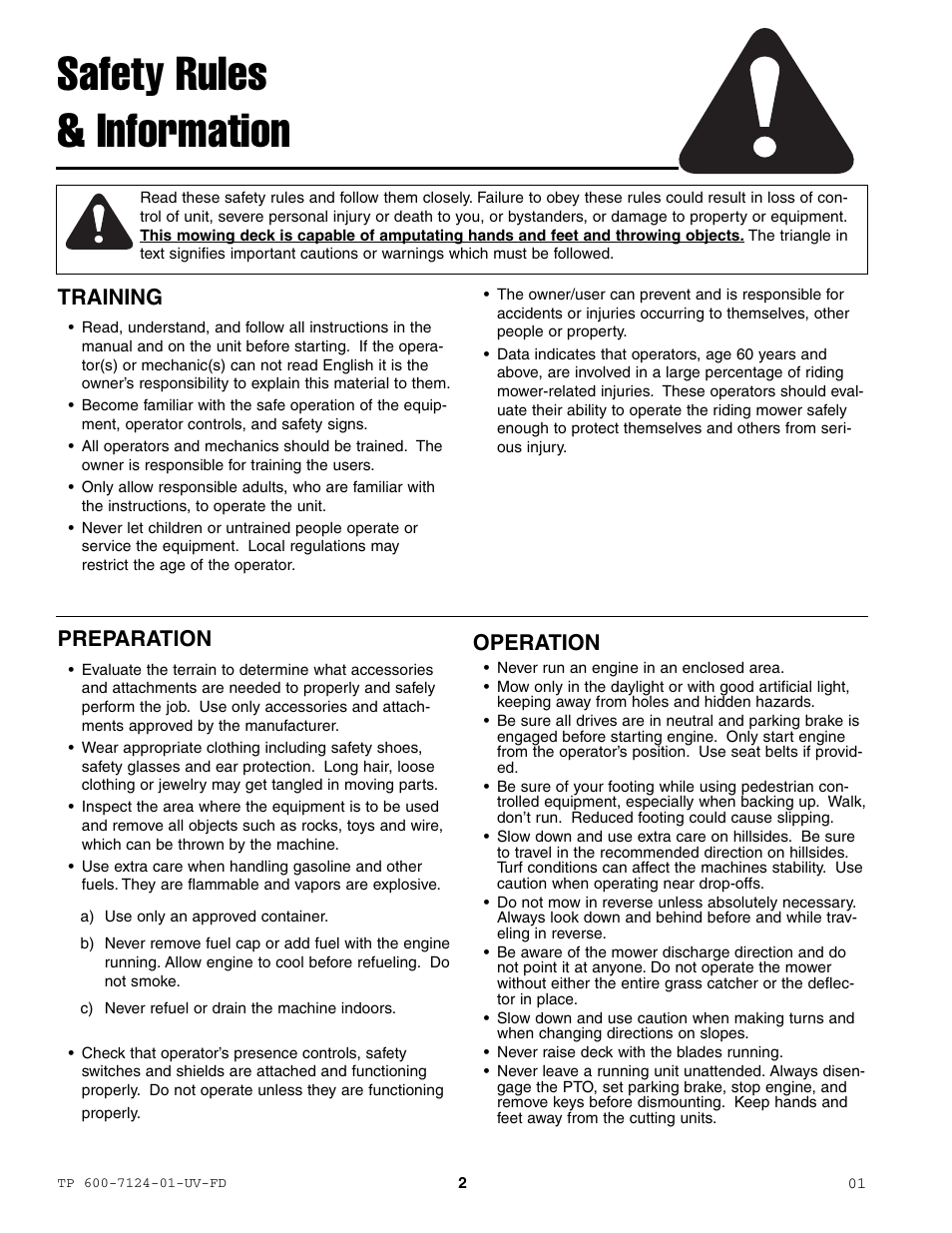 Safety rules & information, Operation, Training | Preparation | Simplicity ZT2561F User Manual | Page 6 / 44