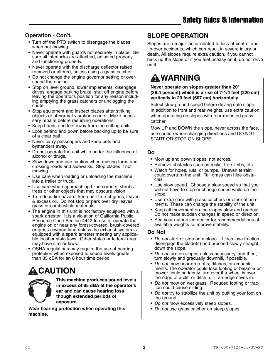 Safety rules & information, Warning, Caution | Slope operation | Simplicity ZT2561F User Manual | Page 7 / 44