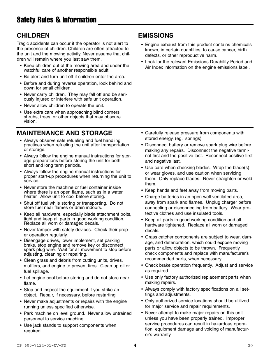 Safety rules & information, Children, Emissions | Maintenance and storage | Simplicity ZT2561F User Manual | Page 8 / 44