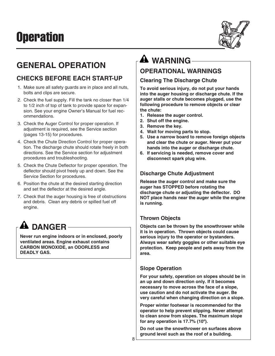Operation, General operation, Danger | Warning | Simplicity 319M User Manual | Page 12 / 22