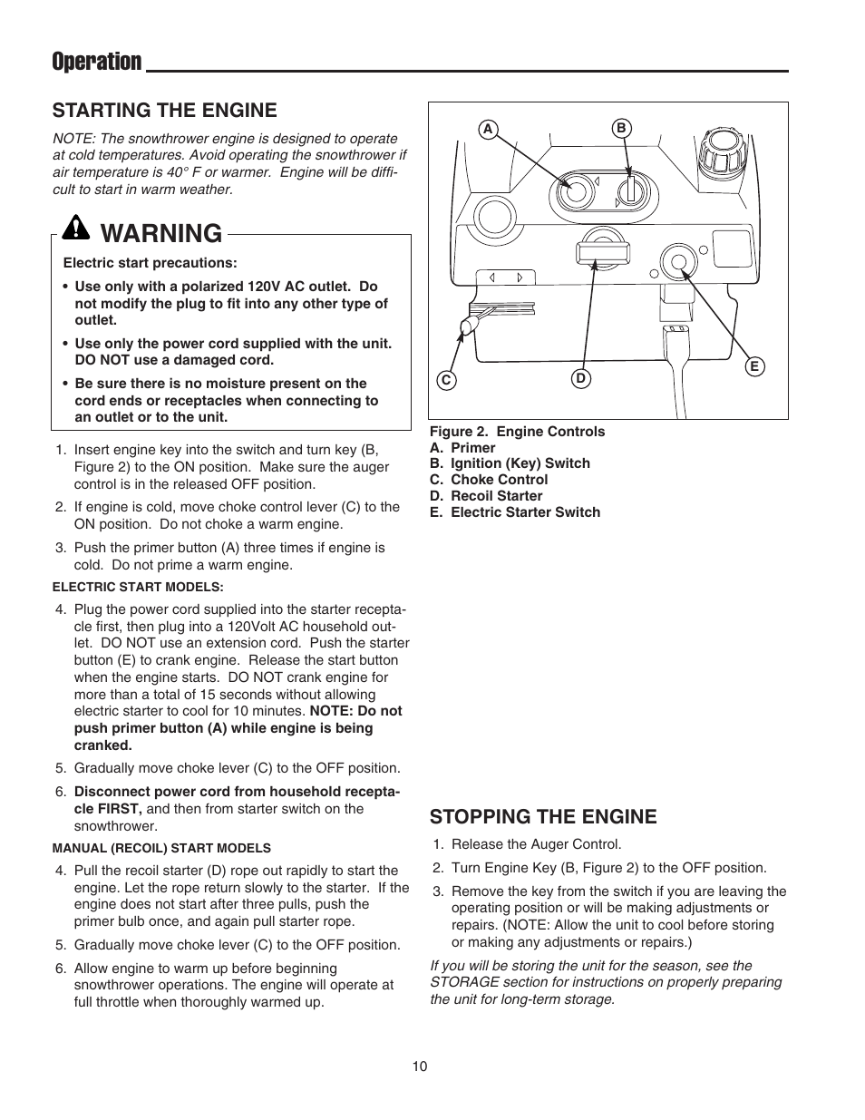 Operation, Warning, Starting the engine | Stopping the engine | Simplicity 319M User Manual | Page 14 / 22