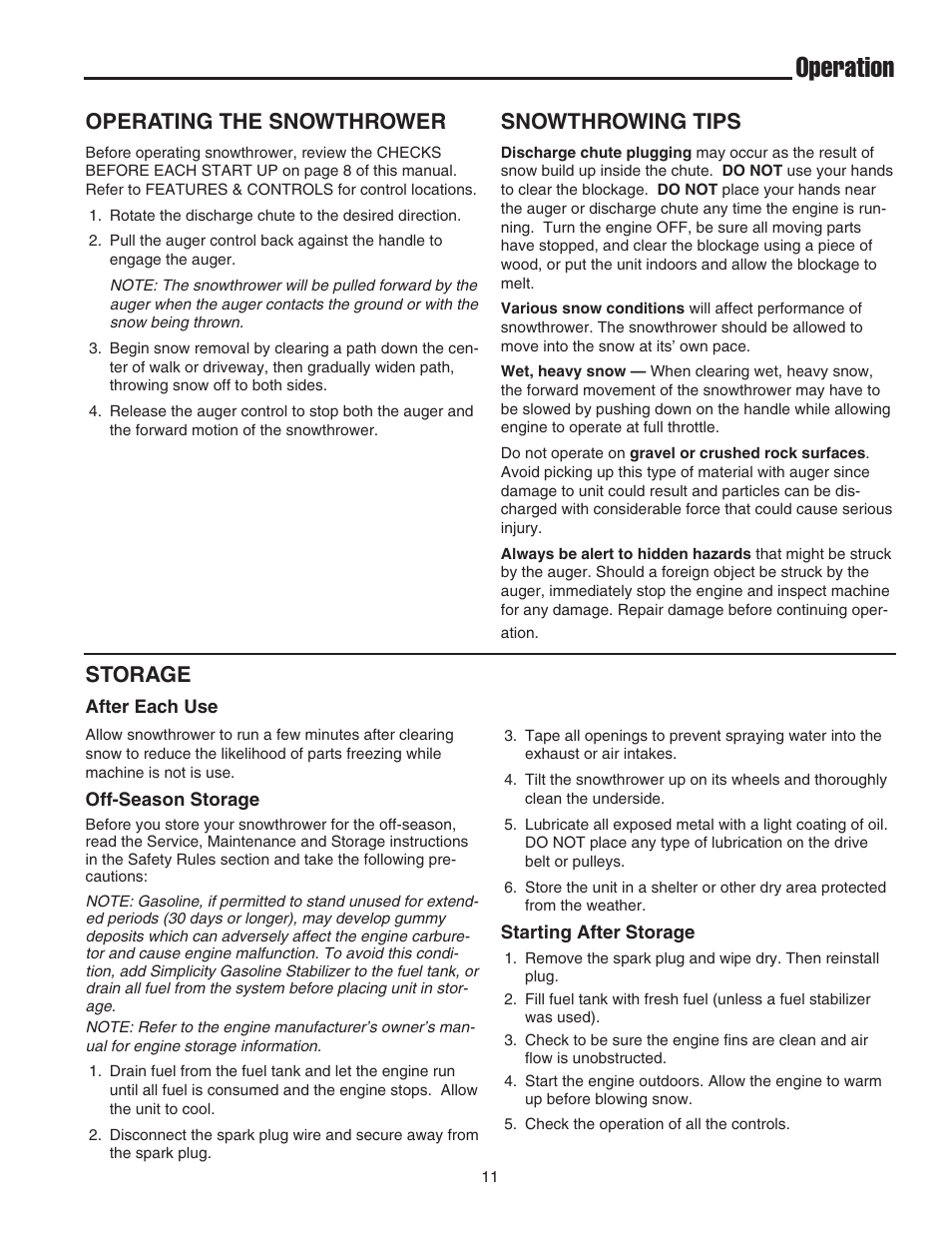 Operation, Operating the snowthrower, Storage | Snowthrowing tips | Simplicity 319M User Manual | Page 15 / 22