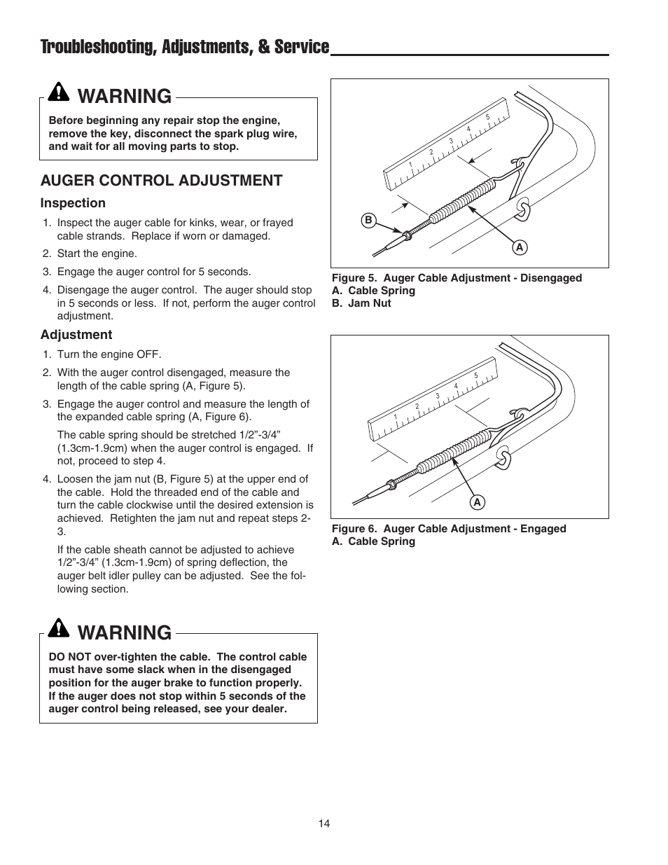 Troubleshooting, adjustments, & service, Warning, Auger control adjustment | Simplicity 319M User Manual | Page 18 / 22