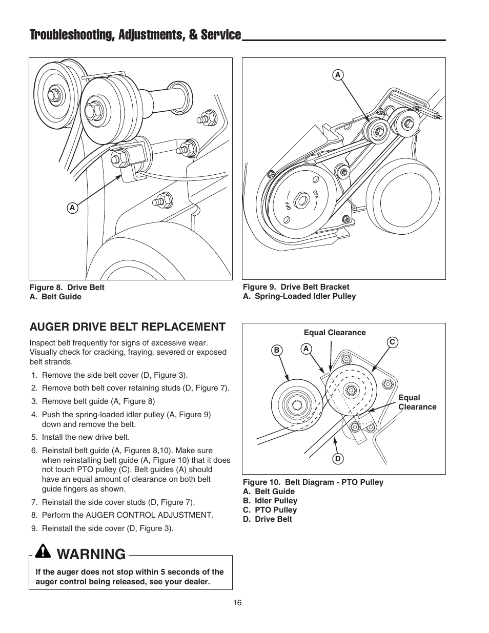 Troubleshooting, adjustments, & service, Warning, Auger drive belt replacement | Simplicity 319M User Manual | Page 20 / 22
