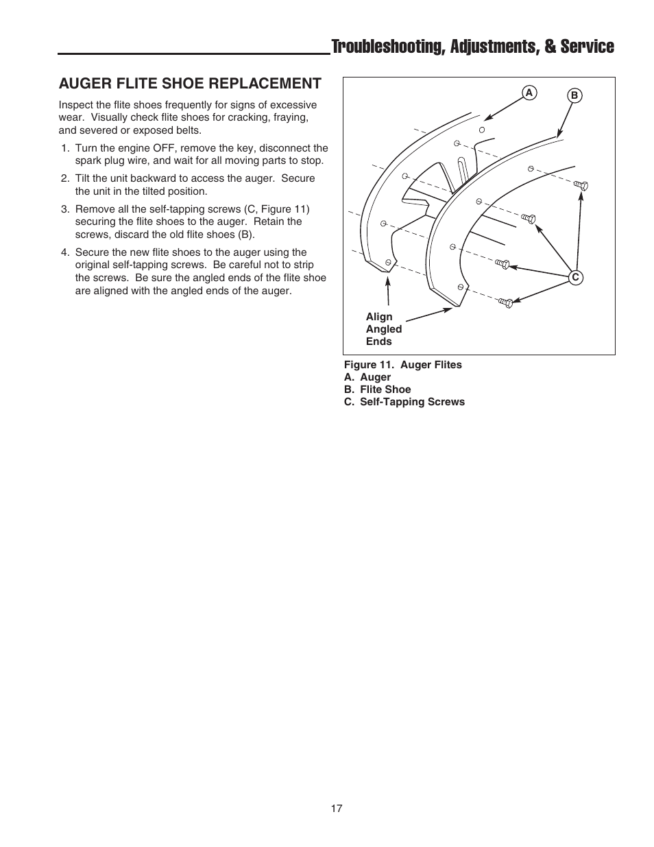 Troubleshooting, adjustments, & service, Auger flite shoe replacement | Simplicity 319M User Manual | Page 21 / 22