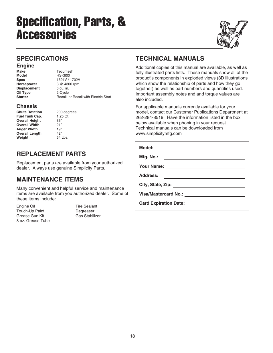 Specification, parts, & accessories, Specifications, Replacement parts | Technical manuals, Maintenance items, Engine, Chassis | Simplicity 319M User Manual | Page 22 / 22