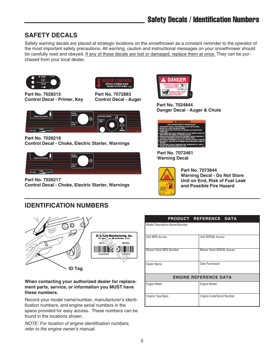 Safety decals / identification numbers, Safety decals, Identification numbers | Simplicity 319M User Manual | Page 9 / 22