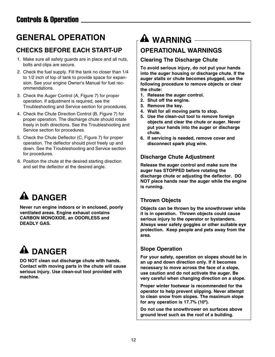 General operation, Controls & operation, Danger | Warning, Checks before each start-up, Operational warnings | Simplicity 1695468 User Manual | Page 16 / 28