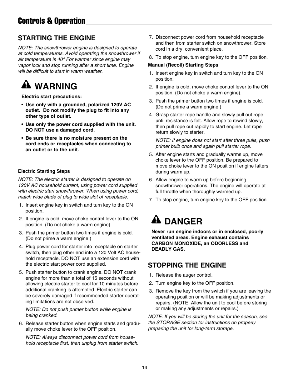 Controls & operation, Warning, Danger | Starting the engine, Stopping the engine | Simplicity 1695468 User Manual | Page 18 / 28