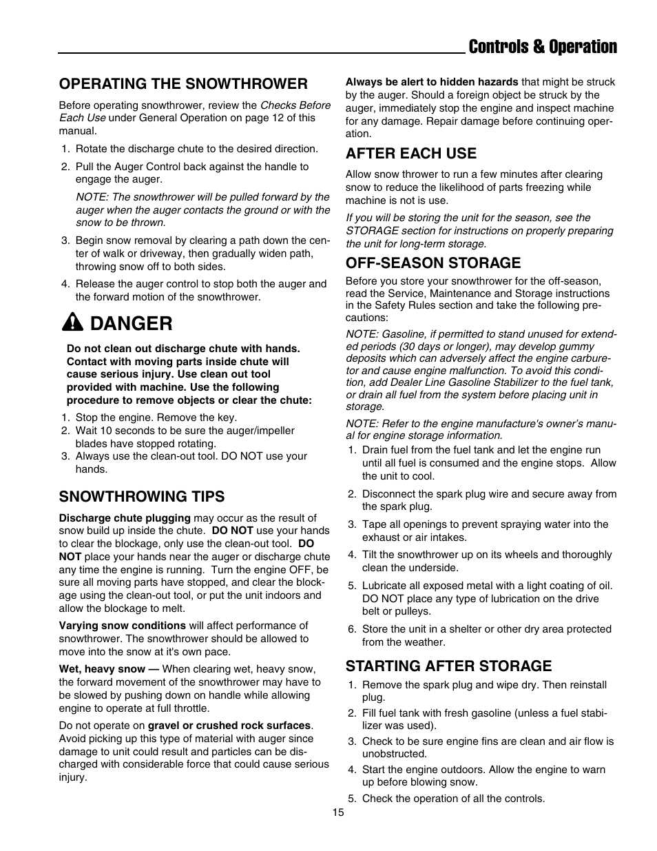 Controls & operation, Danger, Operating the snowthrower | Snowthrowing tips, After each use, Off-season storage, Starting after storage | Simplicity 1695468 User Manual | Page 19 / 28