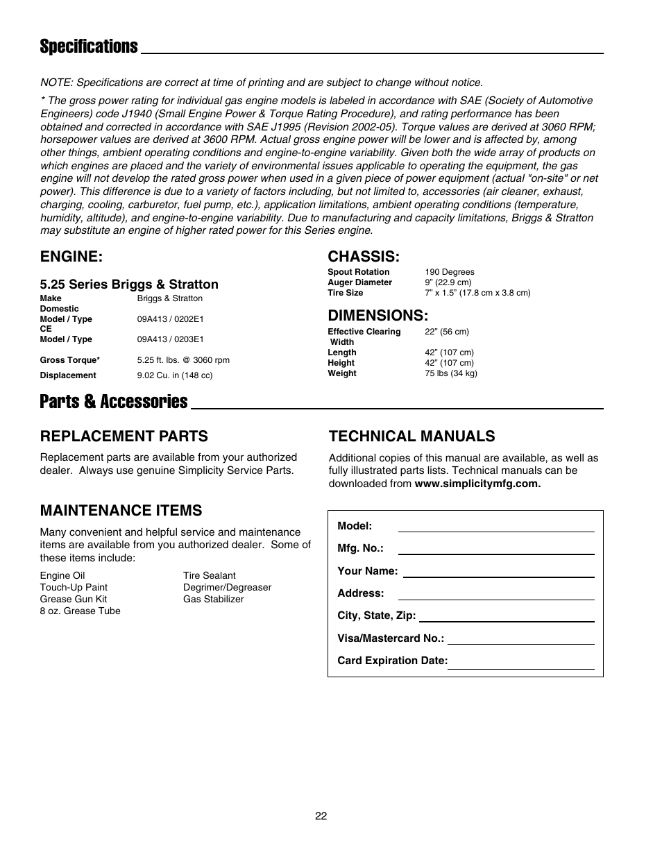 Specifications parts & accessories, Engine, Chassis | Dimensions, Replacement parts, Technical manuals, Maintenance items | Simplicity 1695468 User Manual | Page 26 / 28