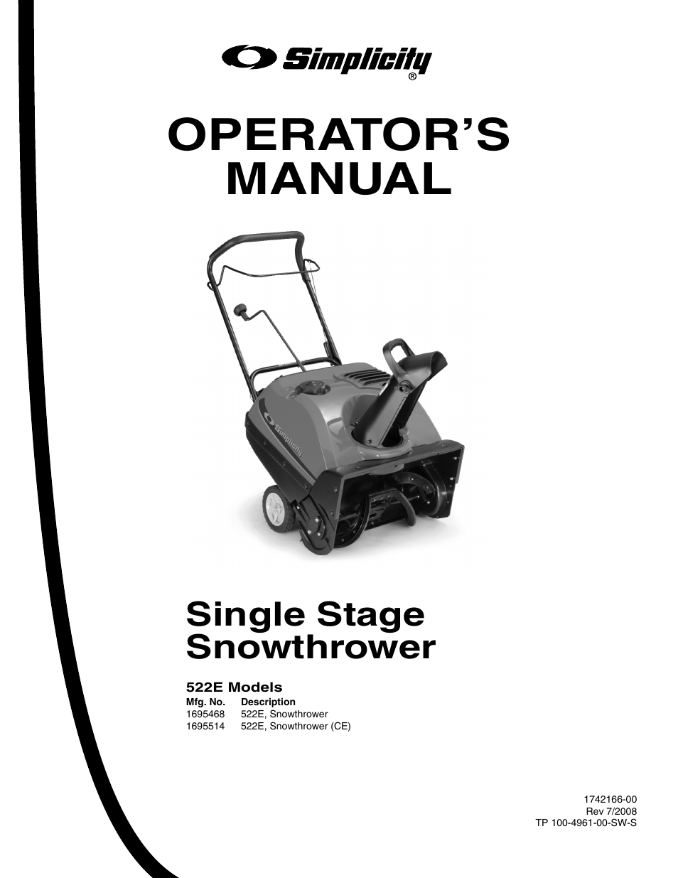 Operator’s manual, Single stage snowthrower | Simplicity 1695468 User Manual | Page 3 / 28
