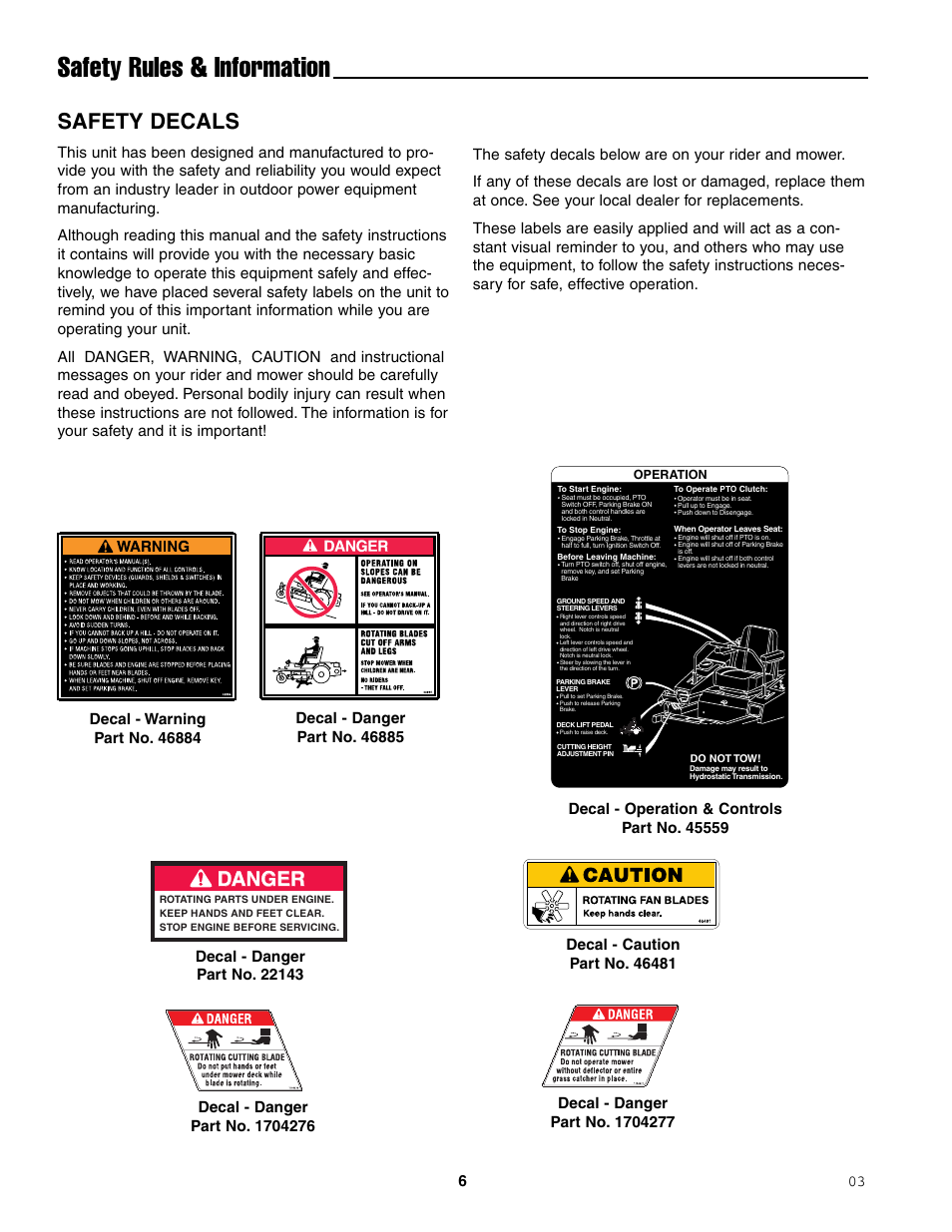 Safety rules & information, Safety decals, Danger | Simplicity ZT2148T User Manual | Page 10 / 42