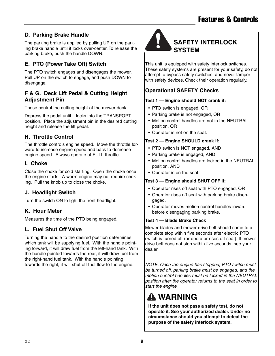 Features & controls, Warning, Safety interlock system | Simplicity ZT2148T User Manual | Page 13 / 42